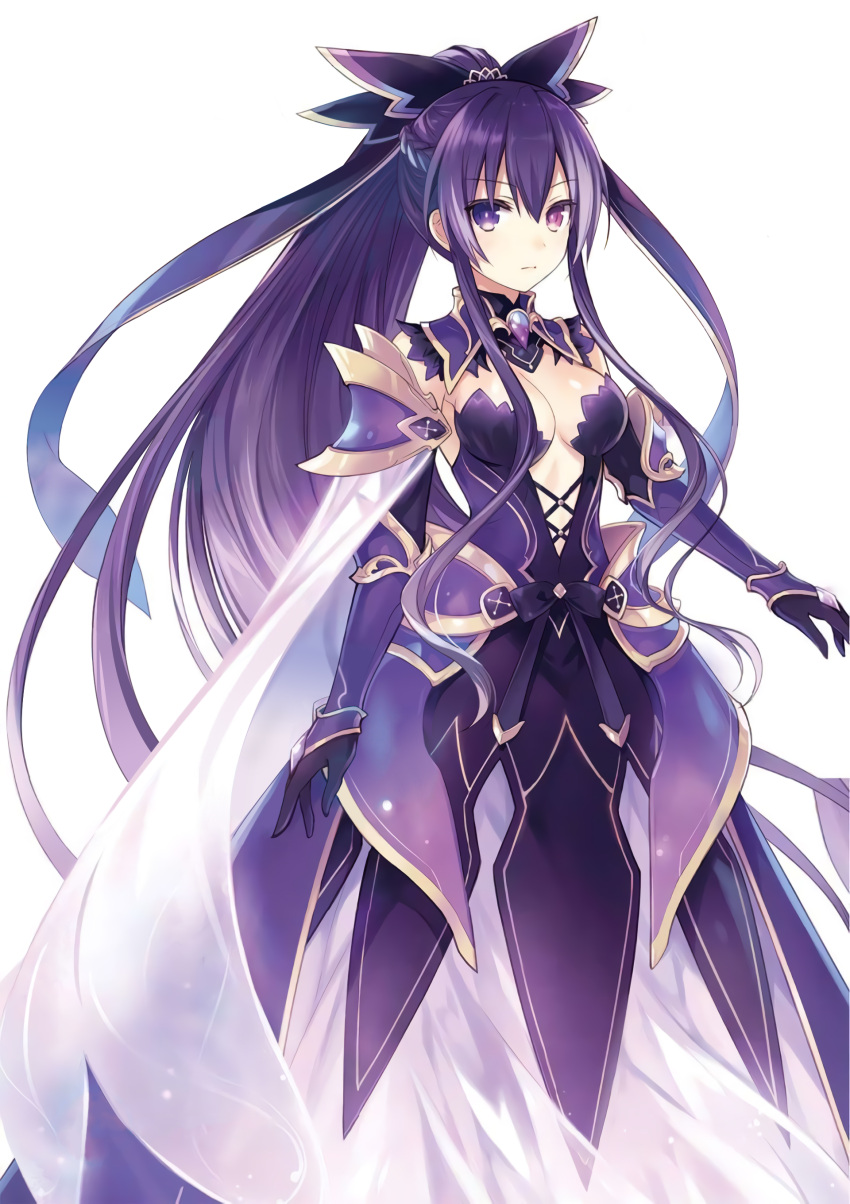 1girl absurdres armor armored_dress black_gloves breasts bridal_gauntlets cape cleavage date_a_live dress faulds floating_hair gloves heterochromia high_ponytail highres long_dress long_hair looking_at_viewer medium_breasts novel_illustration official_art purple_dress purple_hair red_eyes see-through shoulder_armor simple_background solo standing tsunako very_long_hair violet_eyes white_background white_cape yatogami_tooka
