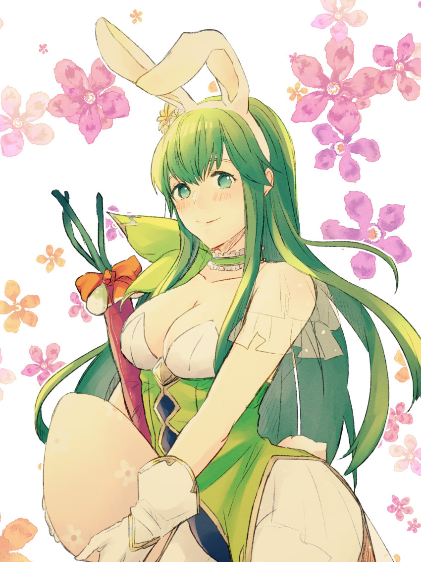 1girl absurdres animal_ears bow breasts carrot choker cleavage closed_mouth easter_egg egg fake_animal_ears fire_emblem fire_emblem:_mystery_of_the_emblem fire_emblem_heroes flower frilled_choker frills gloves green_eyes green_hair hair_flower hair_ornament highres holding long_hair medium_breasts nintendo nishimura_(nianiamu) orange_bow pantyhose paola rabbit_ears smile solo upper_body white_gloves white_legwear