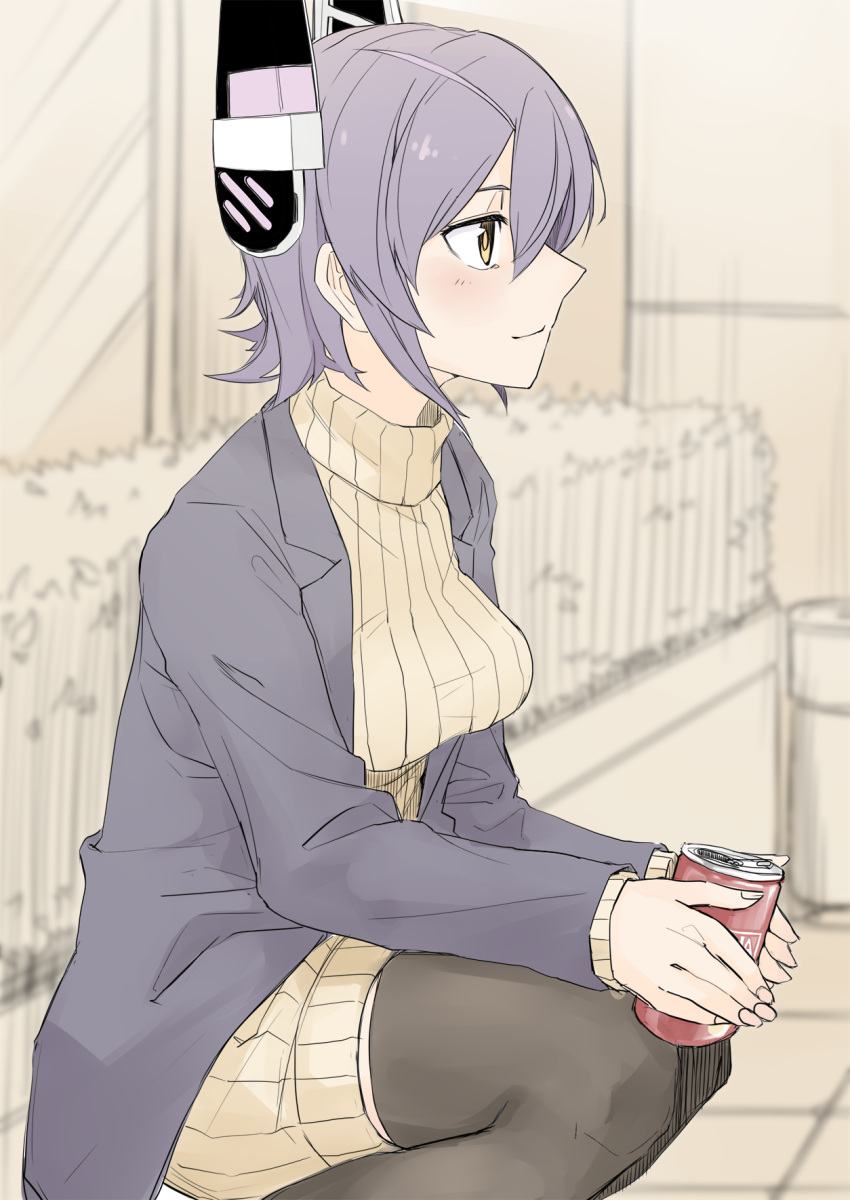 1girl black_legwear blush breasts brown_sweater can closed_mouth coat eyepatch from_side hair_over_one_eye highres holding holding_can kantai_collection large_breasts long_sleeves looking_away purple_hair ribbed_sweater short_hair sitting smile solo sweater tadd_(tatd) tenryuu_(kantai_collection) thigh-highs turtleneck turtleneck_sweater yellow_eyes