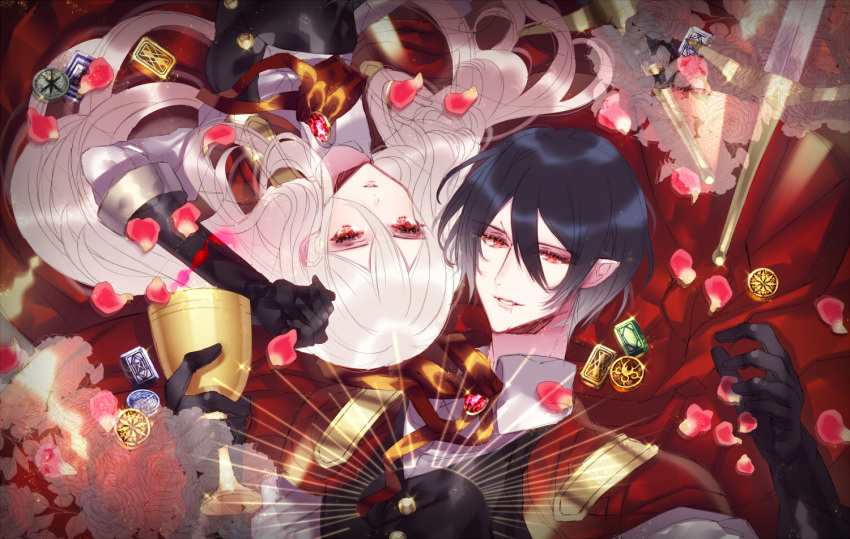 1boy 1girl black_gloves black_hair brooch buttons cape coin cup flower gem glint gloves hair_between_eyes jewelry kazenagi_hikari long_hair looking_at_viewer lying on_back petals pixiv_fantasia_last_saga red_cape red_eyes see-through sword vampire vector_guild_chief very_long_hair weapon white_hair