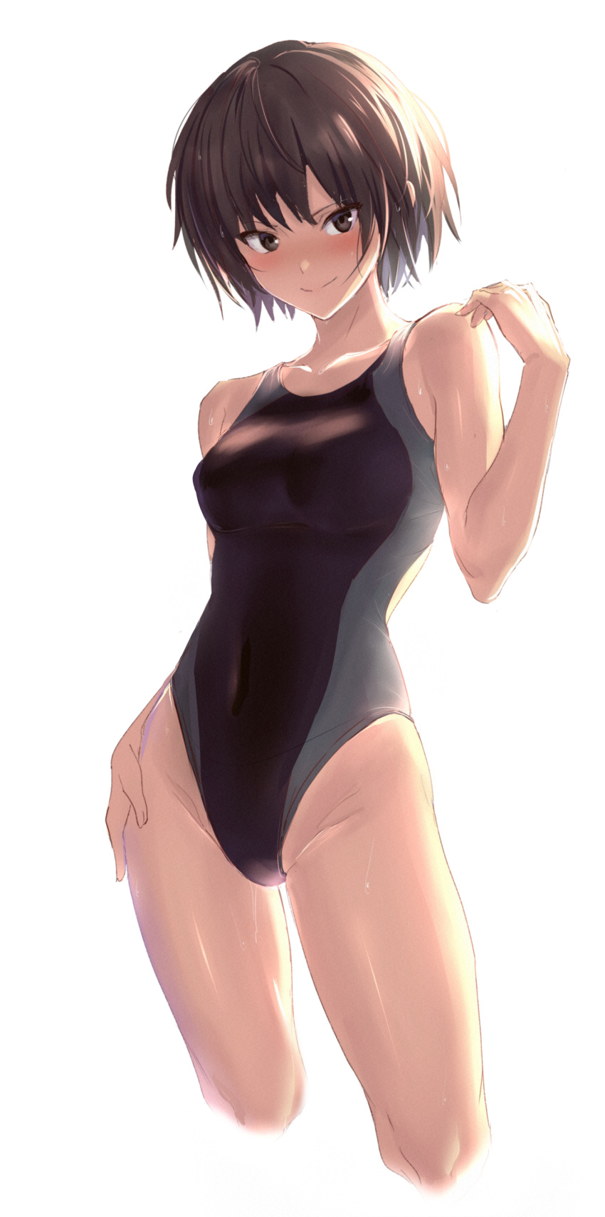 1girl absurdres amagami backlighting bangs black_eyes black_hair black_swimsuit blush breasts closed_mouth collarbone commentary_request competition_swimsuit contrapposto covered_navel cowboy_shot cropped_legs grey_swimsuit groin hand_on_hip hand_on_own_shoulder hand_up head_tilt highleg highleg_swimsuit highres hip_focus light_smile looking_at_viewer medium_breasts multicolored multicolored_clothes nanasaki_ai one-piece_swimsuit shiny shiny_skin short_hair simple_background smile solo standing swimsuit thighs ulrich_(tagaragakuin) v-shaped_eyebrows wet white_background