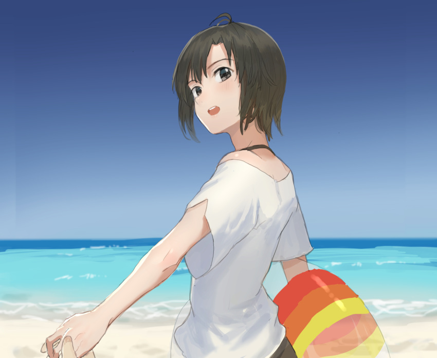 1girl antenna_hair beach black_choker brown_eyes brown_legwear choker hand_holding holding idolmaster innertube kikuchi_makoto looking_at_viewer looking_back mxwbr ocean off_shoulder open_mouth pov pov_hands shirt short_hair sky solo_focus white_shirt