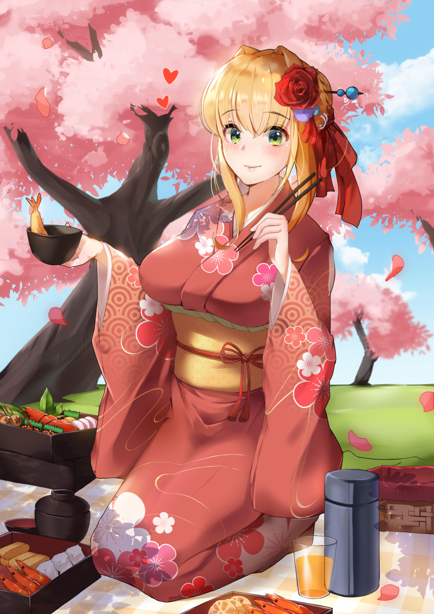 1girl absurdres apertio blush breasts cherry_blossoms fate_(series) flower food hair_flower hair_ornament highres huge_filesize japanese_clothes kimono large_breasts lunchbox nero_claudius_(fate) nero_claudius_(fate)_(all) sitting solo