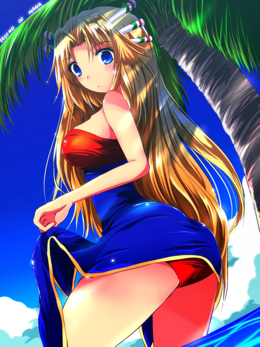 1girl :d armband bangs bare_shoulders beach blonde_hair blue_dress blue_eyes blush breasts brown_hair closed_mouth criss-cross_halter detached_sleeves dress fur_trim green_background green_eyes hair_ornament hair_tubes halter_top halterneck highres house imu_(lom) jewelry legend_of_mana long_hair looking_at_viewer medium_breasts miniature nekominase open_mouth polearm seiken_densetsu smile solo upper_body weapon