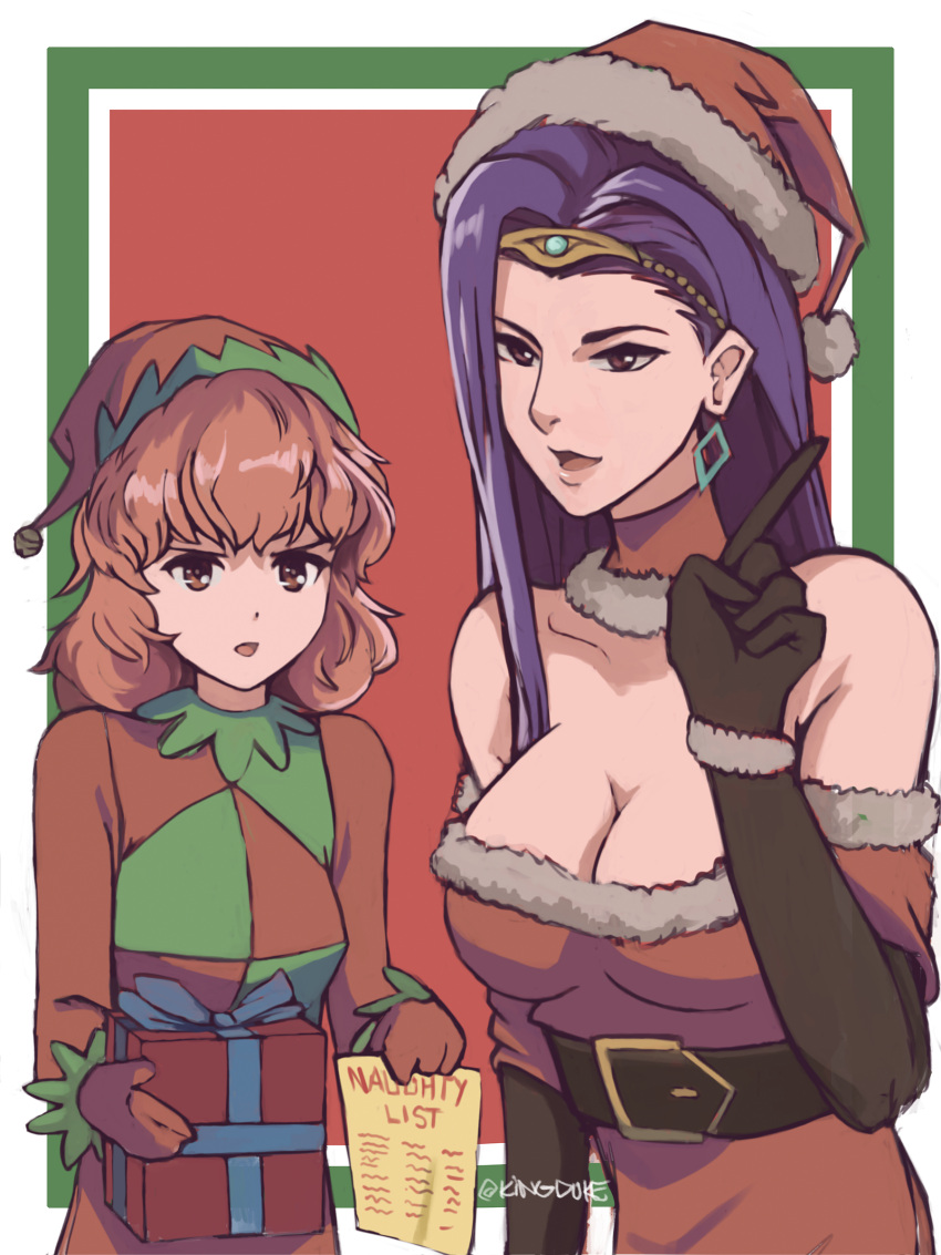 2girls absurdres bare_shoulders bell belt black_gloves breasts brown_eyes brown_hair christmas cleavage earrings elbow_gloves fire_emblem fire_emblem_gaiden fur_collar gift gloves hat highres index_finger_raised jenny_(fire_emblem) jewelry jingle_bell large_breasts long_hair long_sleeves medium_hair multiple_girls nintendo open_mouth paper purple_hair red_gloves santa_hat sonia_(fire_emblem_gaiden) the_kingduke upper_body