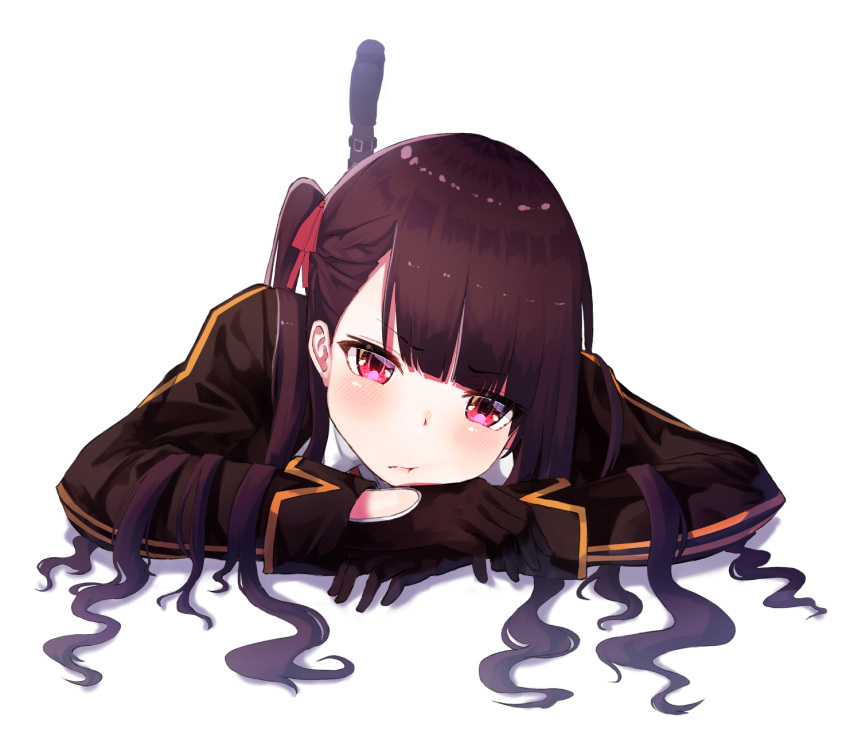 1girl bangs black_footwear black_gloves black_jacket blazer blush commentary_request eyebrows_visible_through_hair girls_frontline gloves hair_ribbon half_updo highres jacket long_sleeves looking_at_viewer lying nasubi_(nasubi555) on_stomach purple_hair red_ribbon ribbon simple_background solo violet_eyes wa2000_(girls_frontline) white_background