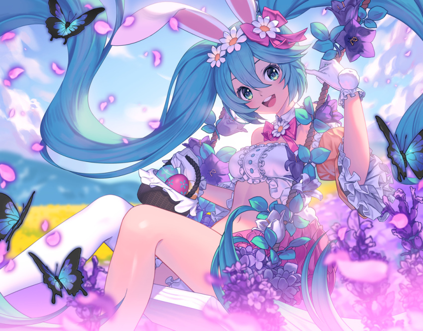 1girl animal_ears aqua_eyes aqua_hair basket bug butterfly clouds collar easter easter_egg egg floating_hair flower gloves hair_between_eyes hatsune_miku insect lavender_(flower) lim_jaejin long_hair looking_at_viewer midriff navel open_mouth outdoors petals rabbit_ears single_thighhigh sky solo swing swinging thigh-highs twintails very_long_hair vocaloid white_gloves white_legwear