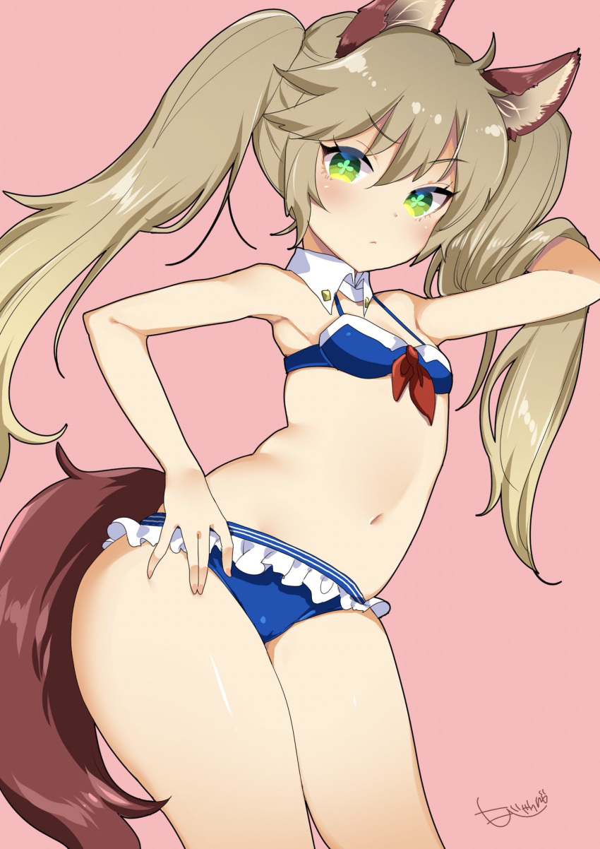 1girl animal_ears arched_back arm_behind_head arm_up armpits bikini blue_bikini blue_swimsuit brown_hair detached_collar dog_ears dog_tail elin_(tera) flat_chest green_eyes hand_in_hair hand_on_hip highres long_hair mojarin_(kihara_mojarin) navel pink_background pose simple_background solo swimsuit symbol-shaped_pupils tail tera_online twintails