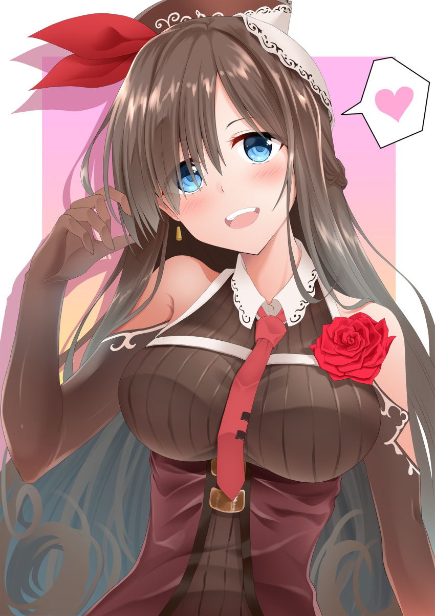 1girl bare_shoulders black_gloves blue_eyes blush breasts brown_hair commentary_request elbow_gloves eyebrows_visible_through_hair flower gloves hair_ribbon heart highres hinata_kokage large_breasts long_hair looking_at_viewer necktie original pink_heart red_flower red_neckwear red_rose ribbon rose solo spoken_heart upper_body upper_teeth