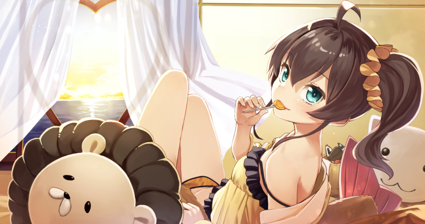 1girl ahoge animal_pillow bed blue_eyes breasts brown_hair candy clouds cloudy_sky commentary_request curtains dawn eating food highres hololive lens_flare lollipop looking_at_viewer natsuiro_matsuri ocean scrunchie short_hair side_ponytail sky small_breasts solo tokumaro virtual_youtuber window