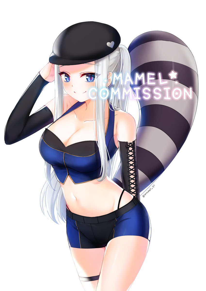 1girl arm_warmers artist_name bare_shoulders belt black_headwear black_panties blue_eyes blue_shirt blue_shorts blush breasts cleavage closed_mouth collarbone commission cowboy_shot crop_top groin hand_up heart highleg highleg_panties highres large_breasts long_hair looking_at_viewer mamel_27 midriff navel original panties raccoon_tail shirt short_shorts shorts sidelocks silver_hair simple_background sleeveless sleeveless_shirt smile solo standing star stomach tail thigh_strap thighs twitter_username underwear white_background