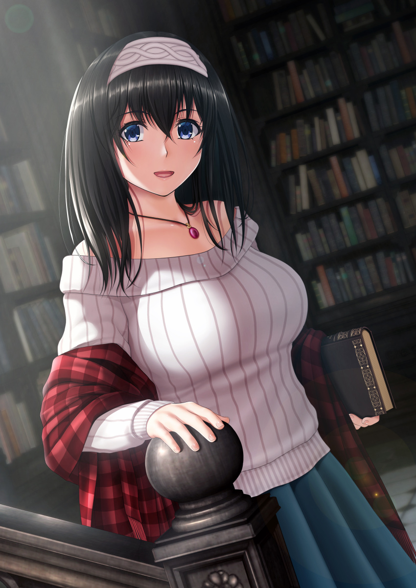 1girl :d absurdres bangs bare_shoulders black_hair blue_eyes blue_skirt blush book bookshelf checkered commentary_request dutch_angle eyebrows_visible_through_hair fingernails grey_hairband grey_sweater hair_between_eyes hairband highres holding holding_book idolmaster idolmaster_cinderella_girls indoors jewelry library long_sleeves looking_at_viewer necklace off-shoulder_sweater off_shoulder open_mouth pendant pleated_skirt railing sagisawa_fumika shawl skirt smile solo striped sweater tai_(2vs) tareme vertical-striped_sweater vertical_stripes