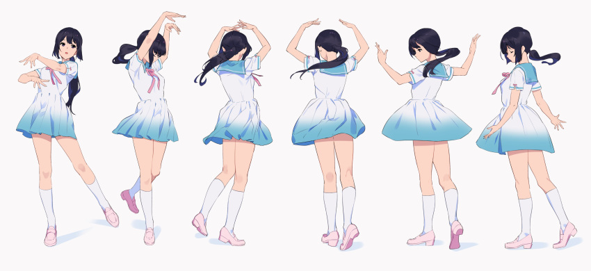 1girl absurdres alternate_hairstyle arms_up black_eyes black_hair commentary_request dancing dress full_body hibike!_euphonium highres kamo_kamen kousaka_reina neckerchief ponytail sailor_collar sailor_dress shoes spinning