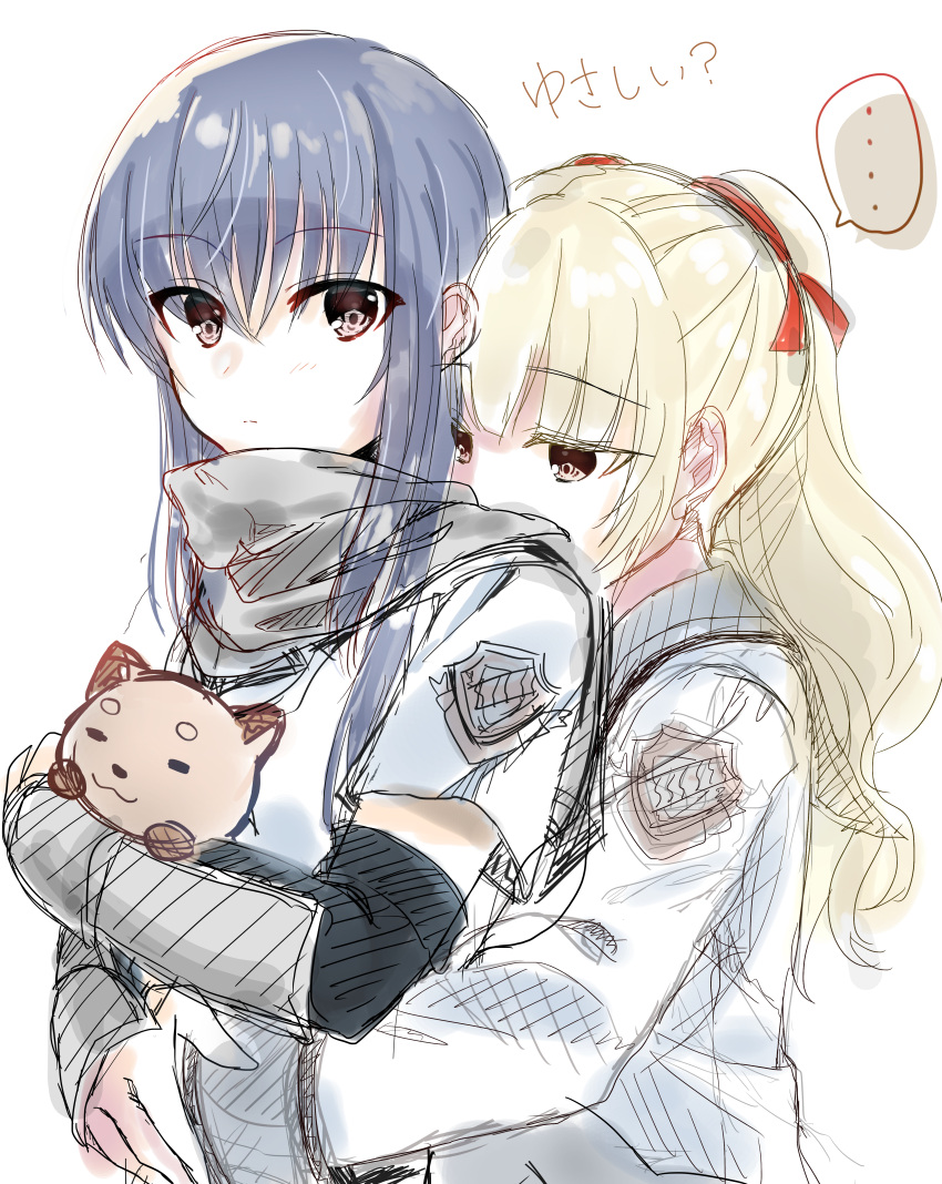 2girls absurdres angel_beats! armor bangs black_hair blonde_hair brown_eyes closed_mouth collared_shirt eyebrows_visible_through_hair hair_between_eyes hair_ornament hair_ribbon highres holding hug key_(company) long_hair long_sleeves looking_at_viewer multiple_girls object_hug open_eyes ribbon scared scarf school_uniform shiina_(angel_beats!) shirt short_sleeves simple_background speech_bubble stuffed_animal stuffed_toy teddy_bear translation_request twintails white_background white_shirt yusa_(angel_beats!) zuzuhashi
