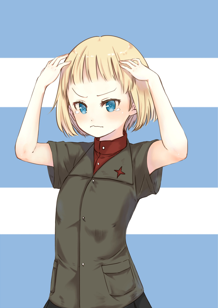 1girl absurdres adapted_uniform alternate_hairstyle bangs black_skirt blonde_hair blue_eyes blunt_bangs blush closed_mouth commentary emblem frown girls_und_panzer green_jacket hands_on_own_head highres jacket katyusha long_sleeves looking_at_viewer pleated_skirt pravda_school_uniform red_shirt school_uniform shimesaba_(simesabaikka) shirt short_hair short_sleeves skirt solo standing summer_uniform tearing_up turtleneck upper_body