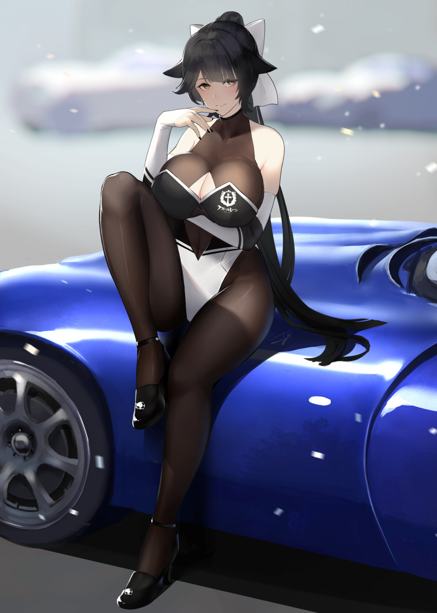 1girl absurdres arm_under_breasts azur_lane bangs bare_shoulders black_footwear black_hair black_legwear black_nails blurry blurry_background blush bow breasts bridal_gauntlets brown_eyes car cleavage cleavage_cutout collarbone finger_to_mouth fingernails groin ground_vehicle hair_bow hand_up hayabusa head_tilt highres impossible_clothes knee_up large_breasts leaning_against_vehicle leg_up leotard logo long_hair looking_at_viewer motor_vehicle nail_polish navel_cutout on_vehicle paid_reward pantyhose ponytail racequeen see-through sidelocks sitting skindentation solo takao_(azur_lane) very_long_hair white_bow white_leotard yellow_eyes