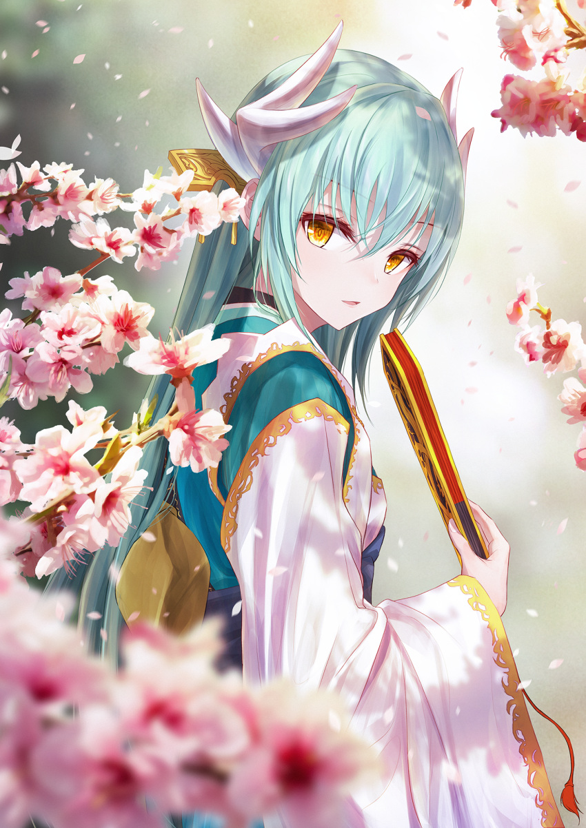 1girl aqua_hair aqua_kimono bae.c bangs blurry blurry_background blurry_foreground brown_eyes closed_fan commentary_request depth_of_field dragon_horns eyebrows_visible_through_hair fan fate/grand_order fate_(series) fingernails flower folding_fan from_side green_hair hair_between_eyes hand_up highres holding holding_fan horns japanese_clothes kimono kiyohime_(fate/grand_order) long_hair long_sleeves looking_at_viewer looking_to_the_side parted_lips petals pink_flower solo straight_hair tassel tree_branch upper_body very_long_hair white_kimono white_sleeves wide_sleeves yellow_eyes