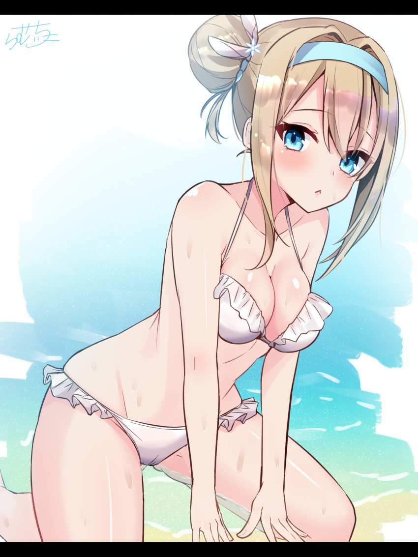 1girl :&lt; bangs bare_arms bare_shoulders bikini blue_eyes blue_hairband blush breasts cleavage closed_mouth collarbone commentary_request eyebrows_visible_through_hair fingernails flower frilled_bikini frills girls_frontline gluteal_fold hair_between_eyes hair_bun hair_flower hair_intakes hair_ornament hairband highres kneeling letterboxed light_brown_hair looking_at_viewer medium_breasts ramchi side_bun sidelocks signature solo suomi_kp31_(girls_frontline) swimsuit water wet white_bikini white_flower