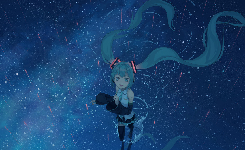 1girl absurdly_long_hair black_footwear black_skirt blue_eyes blue_hair blue_neckwear blush boots collared_shirt detached_sleeves eyebrows_visible_through_hair hatsune_miku long_hair looking_at_viewer necktie night open_mouth outdoors shirt skirt sleeveless smile solo star starry_background thigh-highs thigh_boots turu twintails very_long_hair vocaloid white_shirt