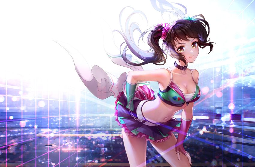 1girl armpits bare_shoulders black_choker black_hair black_skirt breasts brown_eyes choker cleavage closed_mouth collarbone commentary_request cowboy_shot crop_top elbow_gloves fingerless_gloves floating_hair frilled_skirt frills gloves green_gloves hair_ornament hand_on_own_thigh heart idolmaster idolmaster_cinderella_girls idolmaster_cinderella_girls_starlight_stage leaning_forward long_hair looking_at_viewer medium_breasts midriff miniskirt mismatched_gloves nakano_yuka navel pink_gloves redamon sidelocks skirt sleeveless smile solo standing stomach thighs twintails