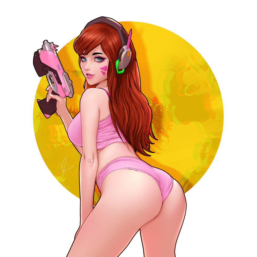 ass blue_eyes breasts brown_hair crop_top d.va_(overwatch) fei_teng gun handgun headphones highres lips overwatch pink_lips pink_shirt pink_shorts pistol shirt short_shorts shorts sleeveless weapon whisker_markings