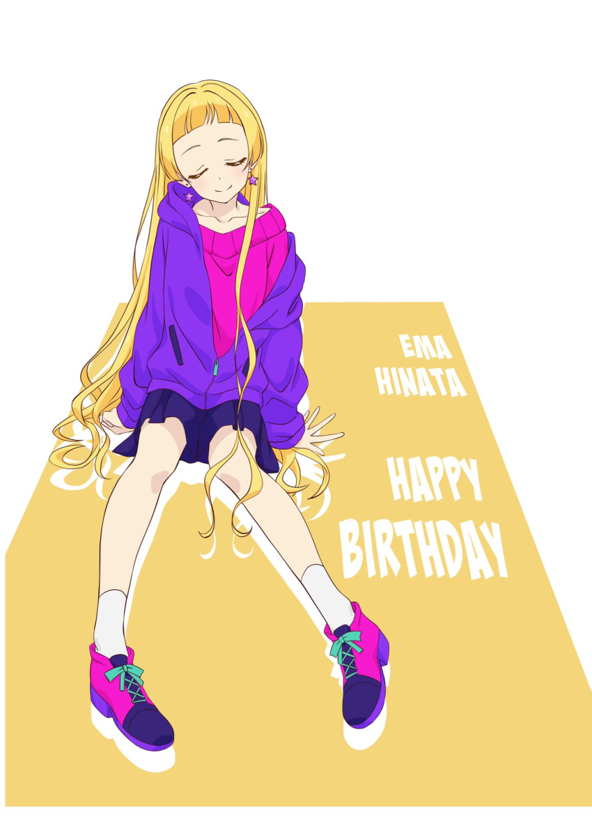 1girl aikatsu!_(series) aikatsu_friends! bangs blonde_hair blunt_bangs character_name closed_eyes collarbone commentary earrings full_body hair_down happy_birthday hashiguchi_hayato highres hinata_ema_(aikatsu_friends!) jacket jewelry long_hair purple_footwear purple_jacket purple_shorts shoes shorts sitting smile sneakers solo star star_earrings sweater very_long_hair