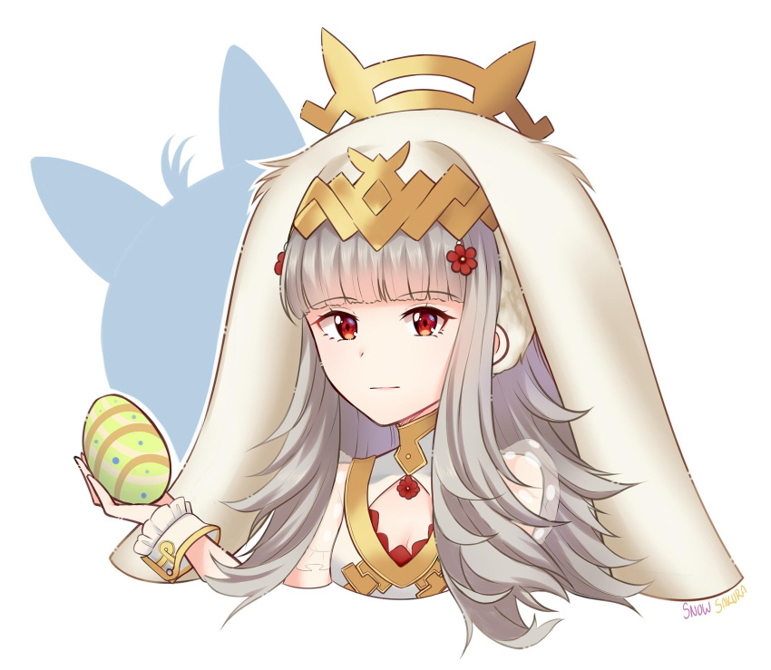 1girl animal_ears artist_name cleavage_cutout closed_mouth easter_egg egg fake_animal_ears fire_emblem fire_emblem_heroes flower grey_hair hair_flower hair_ornament highres holding long_hair nintendo rabbit_ears red_eyes simple_background snowsakura_art solo upper_body veronica_(fire_emblem) white_background