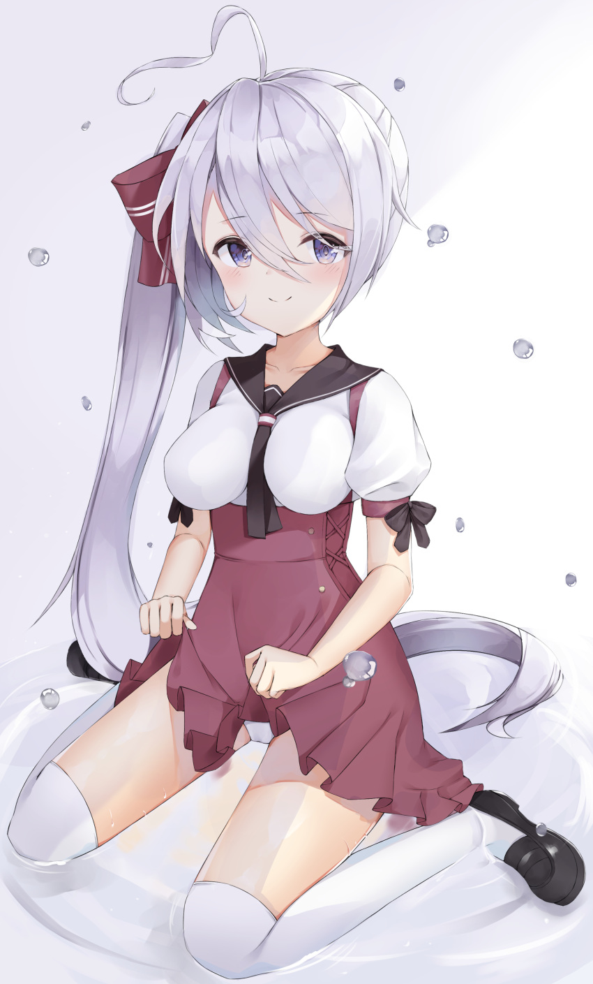 1girl absurdres ahoge alternate_costume ascot azur_lane bangs black_footwear blue_eyes blush collarbone commentary_request eyebrows_visible_through_hair hair_between_eyes highres lifted_by_self loafers long_hair long_ponytail looking_at_viewer neckwear_between_breasts okappa_(bobbed001) panties pantyshot pantyshot_(sitting) portland_(azur_lane) puffy_short_sleeves puffy_sleeves sailor_collar school_uniform shoes short_sleeves side_ponytail silver_hair sitting skirt skirt_lift smile thigh-highs underwear very_long_hair wariza white_legwear white_panties