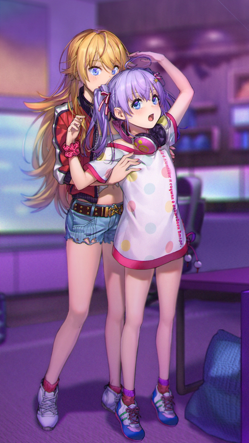 2girls age_difference ahoge animal_ears arm_up bangs bare_legs bare_shoulders belt blonde_hair blue_eyes blue_footwear blurry blurry_background blush cat_ear_headphones chair child clothes_writing commentary_request denim denim_shorts depth_of_field dress eyebrows_visible_through_hair fake_animal_ears full_body hair_ornament hair_ribbon hairclip headphones headphones_around_neck height_difference highres indoors jacket long_hair long_sleeves looking_up multiple_girls nail_polish navel open_mouth original pentagram pillow pink_nails pink_ribbon polka_dot print_dress purple_hair qiongsheng red_jacket red_legwear ribbon scrunchie shirt shoes short_shorts shorts sleeves_pushed_up sneakers socks standing star star_hair_ornament table television tiptoes torn_clothes torn_shorts track_jacket twintails unzipped very_long_hair white_dress white_footwear white_shirt wrist_scrunchie zipper