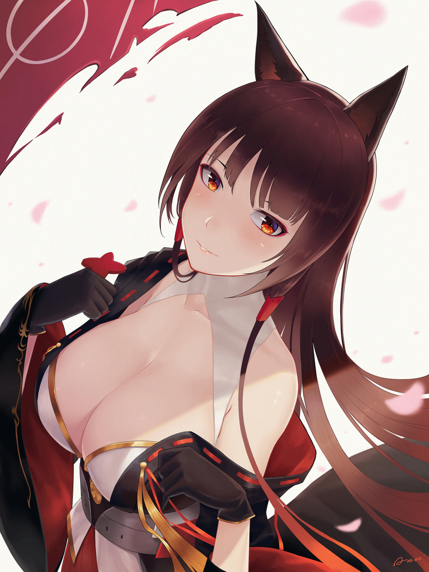 1girl akagi_(azur_lane) alexiel_(pixiv6211566) animal_ears azur_lane bangs blush breasts brown_hair cleavage dated eyebrows_visible_through_hair fox_ears fox_girl fox_tail gloves highres holding japanese_clothes large_breasts long_hair looking_at_viewer multiple_tails parted_lips red_eyes signature smile tail upper_body wide_sleeves