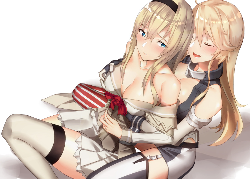 2girls american_flag_legwear bare_shoulders blonde_hair blue_eyes braid breast_grab breasts closed_eyes collarbone commentary_request corset dress elbow_gloves fingerless_gloves flag_print flower french_braid front-tie_top garter_straps gloves grabbing grabbing_from_behind hair_between_eyes hairband highres iowa_(kantai_collection) kantai_collection long_hair long_sleeves medium_breasts miniskirt mismatched_legwear multiple_girls off-shoulder_dress off_shoulder pallad red_flower red_rose rose sitting skirt striped striped_legwear thigh-highs vertical-striped_legwear vertical_stripes warspite_(kantai_collection) white_dress white_legwear yuri