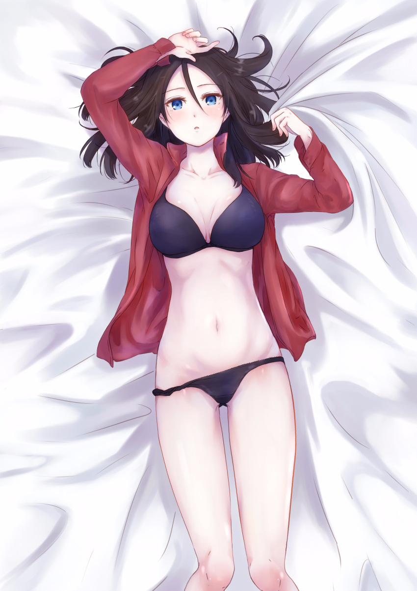 1girl :o absurdres arm_up bangs bed_sheet black_bra black_hair black_panties black_pants blue_eyes blush bra breasts clothes_removed commentary_request crotch_seam from_above girls_und_panzer highres lace lace-trimmed_panties long_hair looking_at_viewer lying medium_breasts navel no_pants nonna on_back on_bed open_clothes open_shirt panties pants panty_pull parted_lips pravda_school_uniform school_uniform shimesaba_(simesabaikka) solo swept_bangs thighs turtleneck underwear