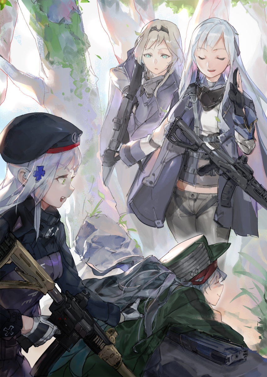 4girls absurdres ak-12 ak-12_(girls_frontline) an-94_(girls_frontline) assault_rifle bangs beret black_gloves black_headwear blue_eyes closed_eyes commentary_request g11_(girls_frontline) gas_mask girls_frontline gloves goggles goggles_around_neck green_eyes green_headwear green_jacket gun h&amp;k_g11 hair_ornament hat highres hk416_(girls_frontline) holding holding_gun holding_weapon jacket long_hair long_sleeves multiple_girls nogchasaeg_(karon2848) open_mouth pants parted_lips partly_fingerless_gloves rifle teeth weapon white_hair