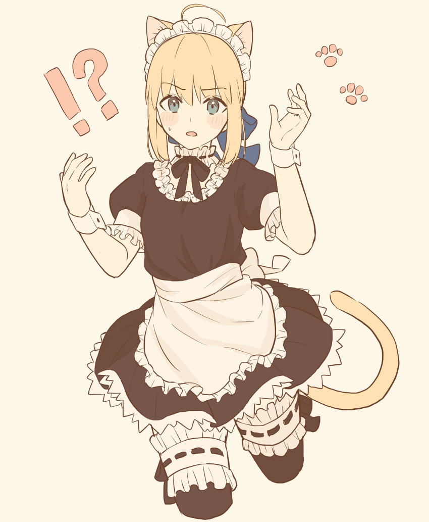 1girl ahoge animal_ears apron arms_up artoria_pendragon_(all) bangs blonde_hair blush breasts cat_ears cattail eyebrows_visible_through_hair fate/stay_night fate_(series) frilled_apron frills green_eyes highres looking_at_viewer lq_saku maid_apron maid_dress maid_headdress medium_breasts open_mouth plant saber simple_background solo sweatdrop thigh-highs