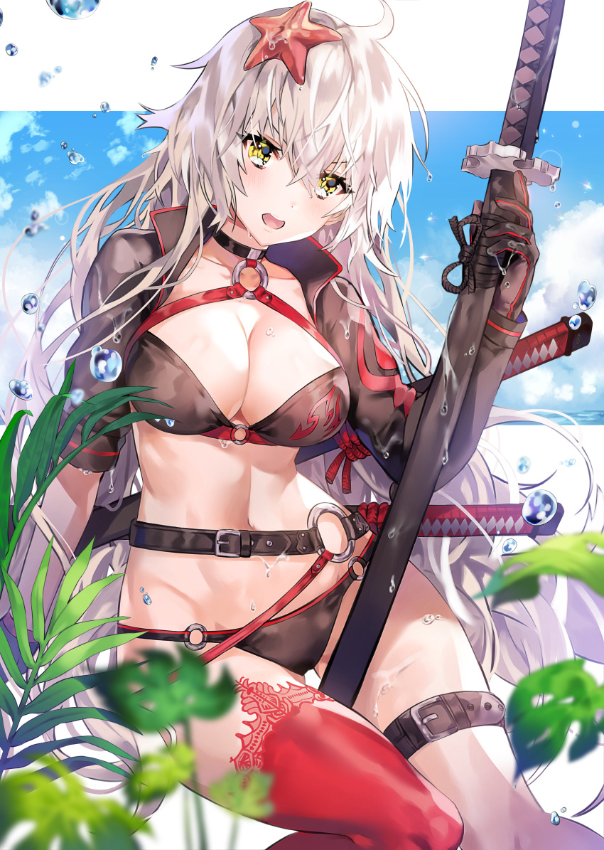 1girl absurdres ahoge bangs belt bikini black_bikini black_gloves black_jacket blue_sky blush breasts cleavage cropped_jacket fate/grand_order fate_(series) gloves hair_between_eyes highres jacket jeanne_d'arc_(alter_swimsuit_berserker) jeanne_d'arc_(fate)_(all) katana kkamykkamkkamy large_breasts long_hair looking_at_viewer o-ring red_legwear shrug_(clothing) single_thighhigh sky solo starfish swimsuit sword thigh-highs thigh_strap thighs very_long_hair water_drop weapon wet yellow_eyes