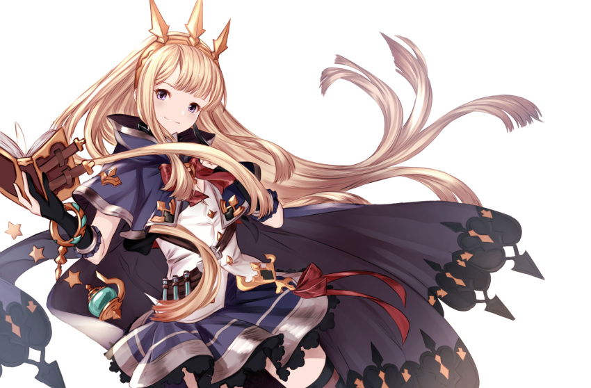 1girl bangle bangs black_gloves blonde_hair blue_capelet blue_skirt book bracelet cagliostro_(granblue_fantasy) capelet closed_mouth commentary_request eyebrows_visible_through_hair gloves granblue_fantasy head_tilt holding holding_book jewelry long_hair open_book partly_fingerless_gloves pleated_skirt resuta shirt simple_background skirt smile solo star tiara very_long_hair vial violet_eyes white_background white_shirt