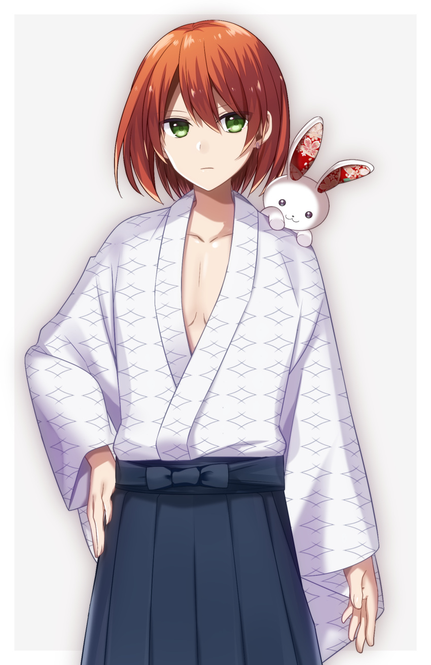 1girl androgynous blue_hakama breasts brown_hair cleavage cowboy_shot green_eyes hair_between_eyes hakama hand_on_hip highres izumi_kyouka_(meiji_tokyo_renka) japanese_clothes kimono looking_at_viewer meiji_tokyo_renka pattern_request shiny shiny_hair short_hair small_breasts solo standing stuffed_animal stuffed_toy white_kimono yuihiko