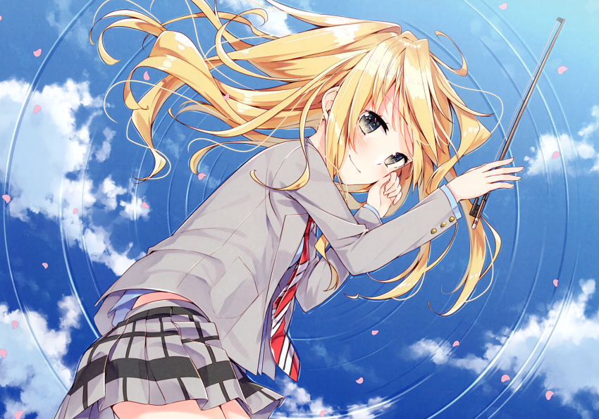 1girl blazer blonde_hair blue_shirt blue_sky cherry_blossoms clouds day eyebrows_visible_through_hair floating_hair from_above grey_eyes grey_skirt highres holding jacket long_hair long_sleeves looking_at_viewer lying miniskirt miyazono_kawori necktie on_side open_blazer open_clothes open_jacket outdoors plaid plaid_skirt pleated_skirt reflecting_pool sakuragi_ren shigatsu_wa_kimi_no_uso shiny shiny_hair shirt skirt sky smile solo striped striped_neckwear