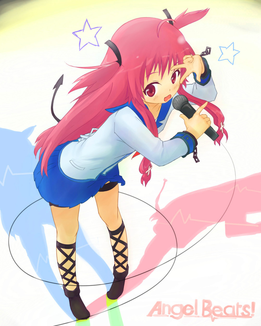 1girl angel_beats! ankle_lace-up bangs blue_skirt cross-laced_footwear cuffs emblem eyebrows_visible_through_hair full_body hair_ornament highres holding key_(company) leg_ribbon long_hair long_sleeves looking_at_viewer microphone music open_eyes open_mouth pink_eyes pink_hair ribbon rutinium school_uniform serafuku shirt simple_background singing skirt sleeve_cuffs solo star tail thigh_strap twintails v very_long_hair white_shirt yui_(angel_beats!)