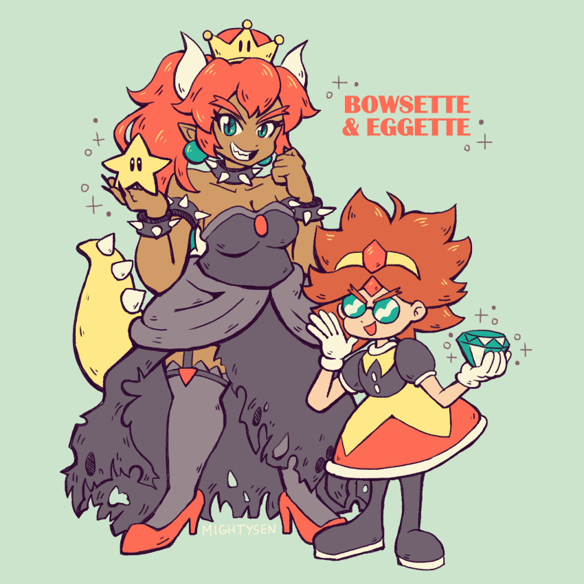 2girls absurdres artist_name bangs black_dress black_footwear black_legwear black_nails bowsette bracelet breasts chaos_emerald character_name cleavage collar crossover crown dark_skin dress eggette glasses gloves green_background height_difference high_heels highres horns jewelry looking_at_viewer looking_back super_mario_bros. medium_breasts multiple_girls nail_polish new_super_mario_bros._u_deluxe nintendo open_mouth pointy_ears ponytail puffy_short_sleeves puffy_sleeves red_footwear redhead sega sendoki sharp_teeth short_sleeves simple_background smile sonic_mania sonic_the_hedgehog spiked_armlet spiked_bracelet spiked_collar spiked_tail spikes star strapless strapless_dress super_crown tail teeth tiara white_gloves