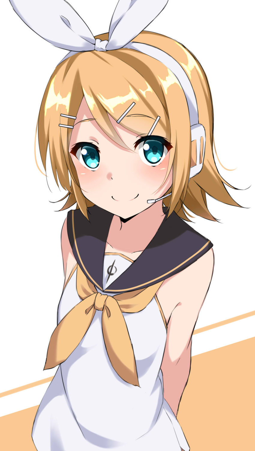 1girl absurdres adapted_costume bangs bare_shoulders black_sailor_collar blonde_hair blue_eyes blush brown_background closed_mouth collarbone commentary_request dress eyebrows_visible_through_hair hair_between_eyes hair_ornament hair_ribbon hairclip headset highres kagamine_rin kohakope long_hair neckerchief ribbon sailor_collar sailor_dress sleeveless sleeveless_dress smile solo two-tone_background upper_body vocaloid white_background white_dress white_ribbon yellow_neckwear