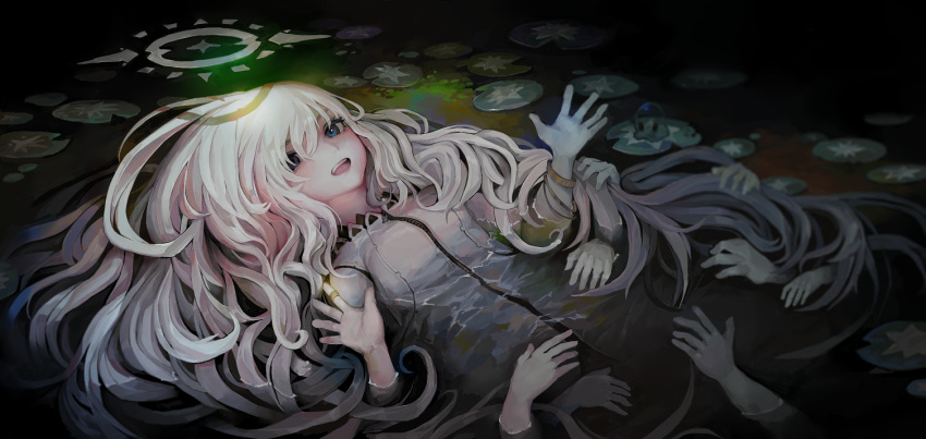 1girl bangs blue_eyes hair_between_eyes halo hands_up jewelry lily_pad long_hair looking_at_viewer open_mouth original ring teeth very_long_hair voruvoru water white_hair zipper zipper_pull_tab