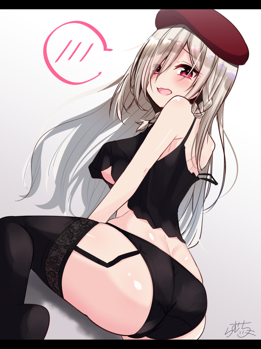 1girl ass bangs bare_arms bare_shoulders beret black_legwear black_panties blush braid breasts butt_crack camisole commentary_request eyebrows_visible_through_hair from_behind g36c_(girls_frontline) garter_straps girls_frontline groin hair_between_eyes hair_over_one_eye hat highres large_breasts letterboxed long_hair looking_at_viewer looking_back no_shoes open_mouth panties ramchi red_eyes red_headwear side_braid signature sitting smile solo strap_slip thigh-highs under_boob underwear underwear_only wariza