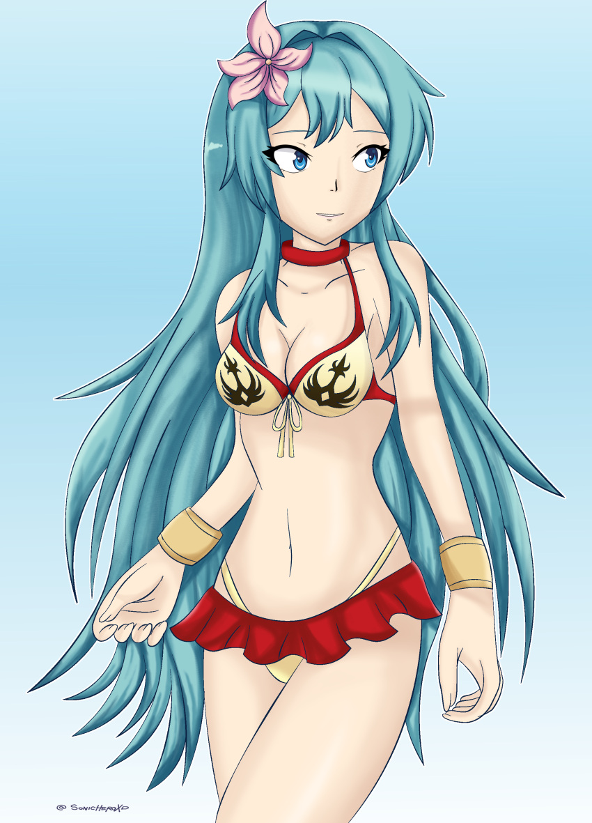 1girl aqua_hair artist_name belly_button bikini bikini_skirt blue_background blue_eyes blue_hair cute deviantart eirika fire_emblem fire_emblem:_seima_no_kouseki fire_emblem_heroes flower intelligent_systems lips long_hair looking_right nintendo solo sonicheroxd