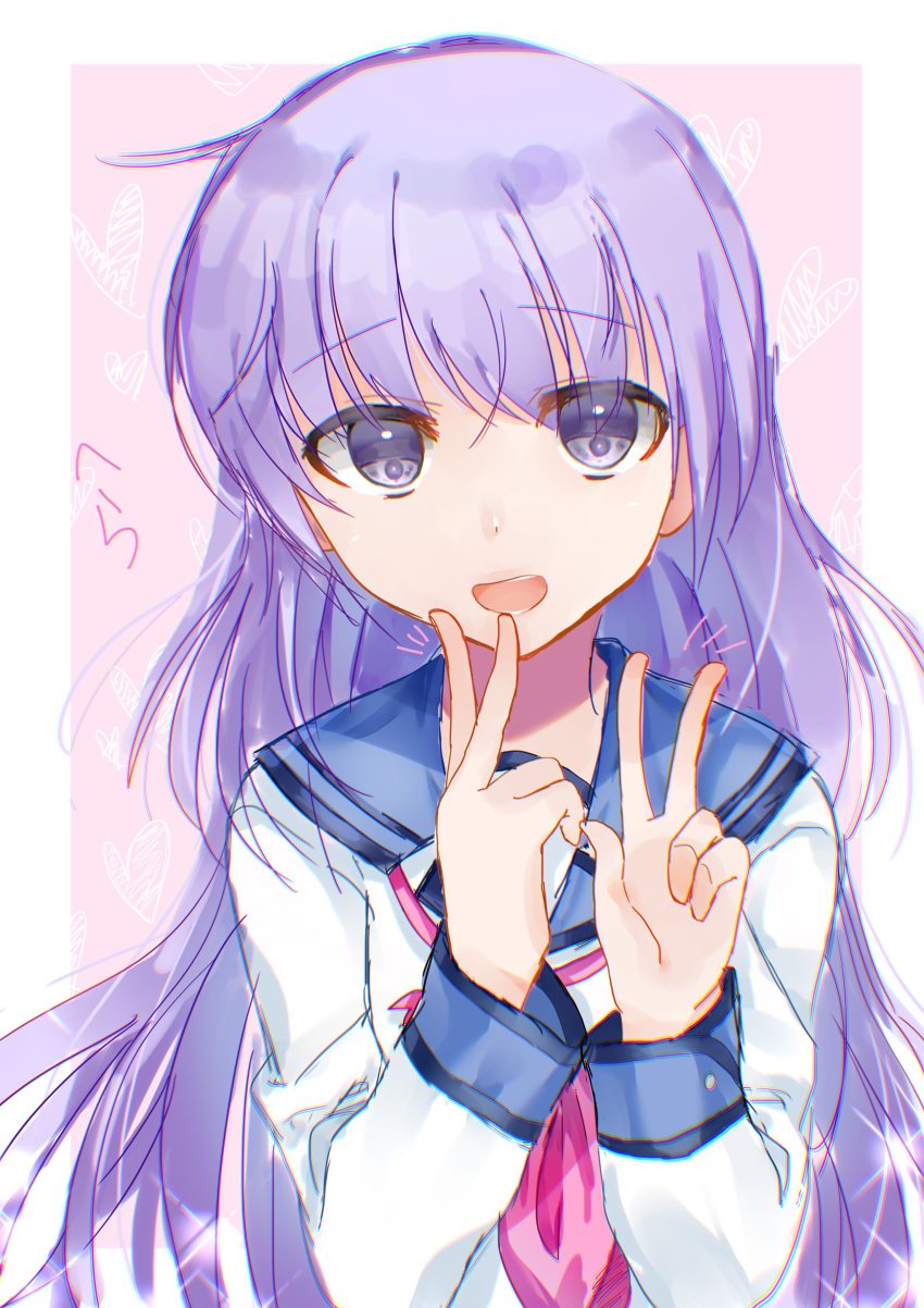 1girl absurdres angel_beats! bangs eyebrows_visible_through_hair highres irie_(angel_beats!) key_(company) long_hair long_sleeves looking_at_viewer open_eyes open_mouth purple_hair shirt simple_background solo v very_long_hair violet_eyes white_shirt zuzuhashi