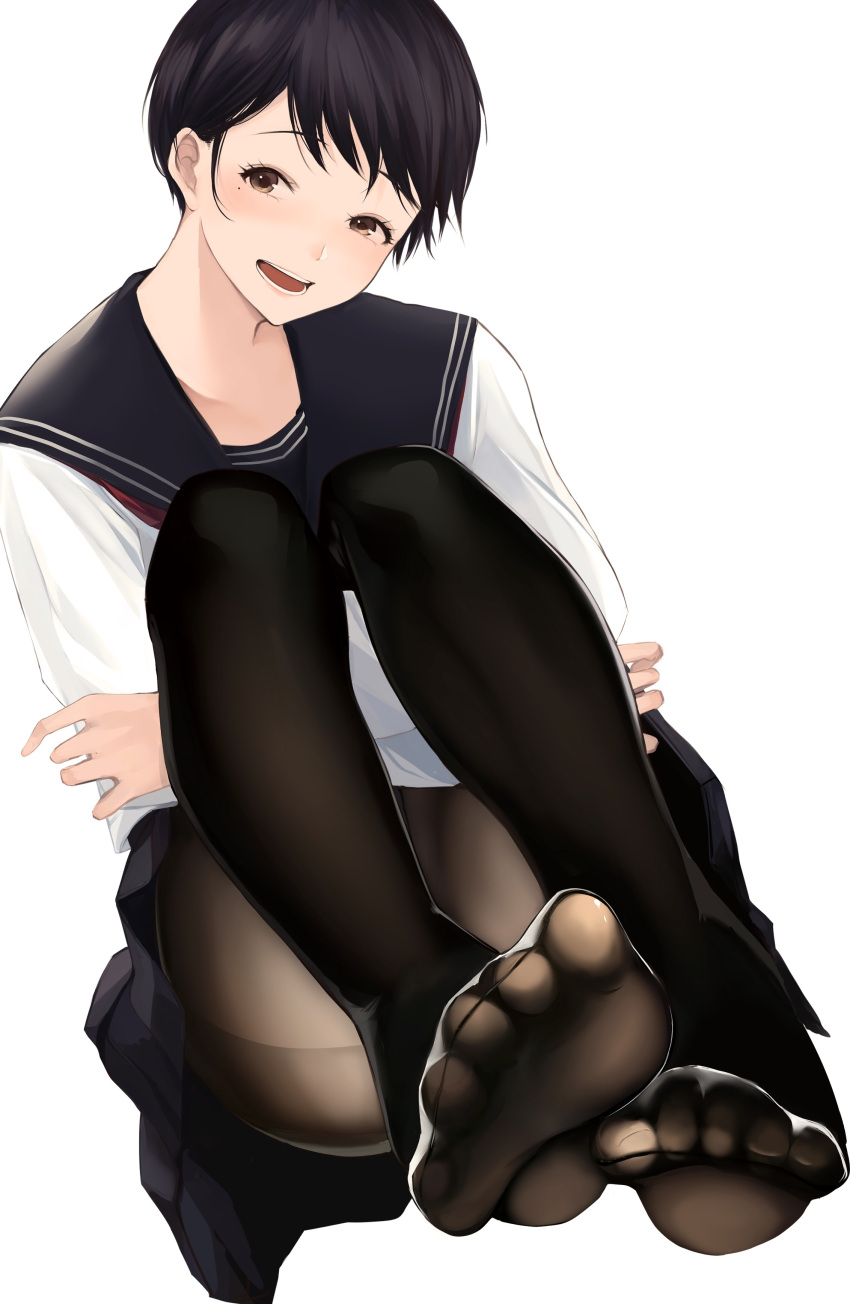 1girl absurdres akito_(d30n26) black_eyes black_hair black_legwear commentary_request feet highres leg_hug light_blush looking_at_viewer mole mole_under_eye no_shoes open_mouth original pantyhose pov_feet school_uniform serafuku short_hair simple_background sitting skirt smile solo white_background