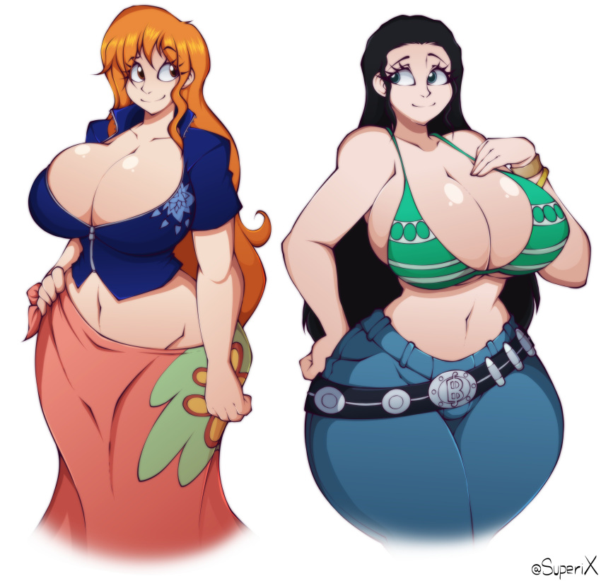 2girls absurdres arm_at_side artist_name bangs bare_arms bare_shoulders belt bikini_top black_hair breasts brown_eyes cleavage closed_mouth collarbone collared_jacket commentary cosplay costume_switch cowboy_shot crop_top cropped_jacket curvy english_commentary eyebrows_visible_through_hair eyes_visible_through_hair grey_eyes groin hand_on_hip hand_up high_collar highres hip_focus huge_breasts long_hair looking_at_another looking_to_the_side midriff multiple_girls nami_(one_piece) nami_(one_piece)_(cosplay) navel nico_robin nico_robin_(cosplay) one_piece orange_hair pants short_sleeves sidelocks simple_background skindentation smile stomach superix very_long_hair white_background wide_hips