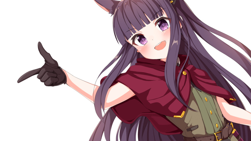 1girl ame. animal_ear_fluff animal_ears bangs belt belt_buckle black_gloves blunt_bangs brown_belt brown_dress buckle capelet commentary_request dress eyebrows_visible_through_hair gloves hair_ornament hairclip kirihara_kasumi leaning_to_the_side long_hair princess_connect! princess_connect!_re:dive purple_hair red_capelet simple_background solo very_long_hair violet_eyes white_background