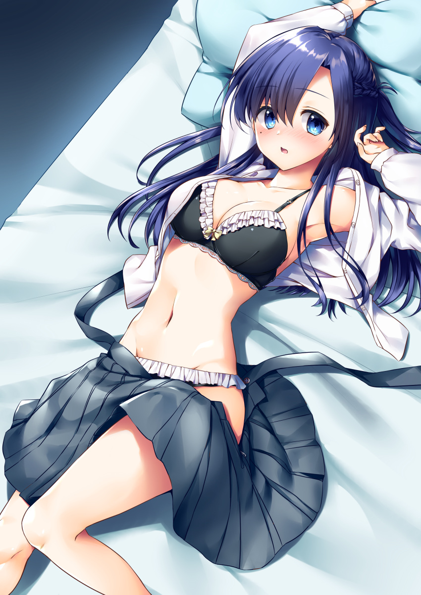 1girl absurdres arm_up armpits bangs bare_shoulders bed_sheet black_bra black_panties blue_eyes blue_hair blush bow bow_bra bra breasts cleavage collarbone commentary_request dress_shirt eyebrows_visible_through_hair feet_out_of_frame fingernails frilled_bra frilled_panties frills grey_skirt groin hair_between_eyes hand_up highres long_hair long_sleeves lying medium_breasts navel nose_blush on_back open_clothes open_mouth open_shirt open_skirt original panties pillow pleated_skirt school_uniform shirt skirt skirt_pull sleeves_past_wrists solo suspender_skirt suspenders underwear wakuta_chisaki white_shirt