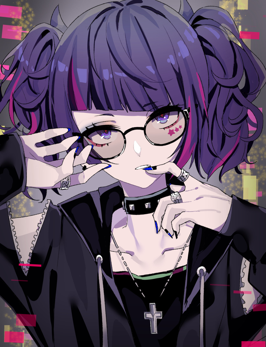 1girl absurdres bangs black-framed_eyewear black_choker black_jacket blue_nails blunt_bangs choker collarbone cross cross_necklace drawstring eyebrows_visible_through_hair facial_mark fingernails glasses hands_up highres idolmaster idolmaster_shiny_colors jacket jewelry long_sleeves looking_at_viewer mek_number multicolored_hair nail_polish necklace open_clothes open_jacket pink_hair purple_hair ring short_hair sleeves_past_wrists solo star streaked_hair studded_choker tanaka_mamimi twintails two-tone_hair upper_body violet_eyes zipper